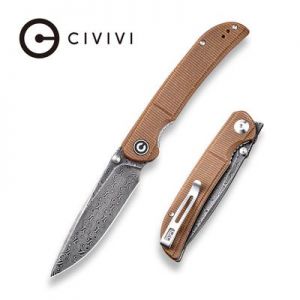 CIVIVI Imperium Front Flipper / Thumb Studs Knife - Brown Micarta Flat Handle (3.47" Black Hand Rubbed Damascus) C 2107DS-1