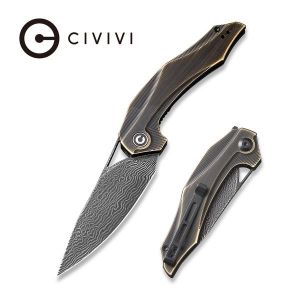 CIvivi - Plethiros Liner Lock Knife Black Hand Rubbed Brass Handle (3.45'' Black Hand Rubbed Damascus) C 904DS-3