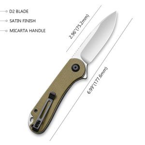 Civivi - Elementum Flipper Knife Olive Micarta Handle (2.96'' Satin D2) C 907S
