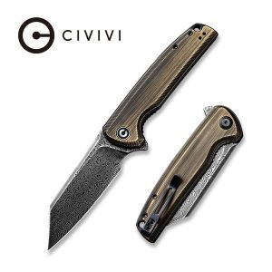 Civivi - Brigand Flipper Knife Black Hand Rubbed Brass Handle (3.46” Black Hand Rubbed Damascus) C 909DS-2