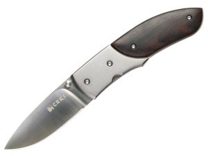 CRKT-2865E Kommer 30-30 Ebony Folding Pocket Knife, 3'' Plain Drop Point Blade, Wood Contoured  Handle Scales, With Leather Pouch