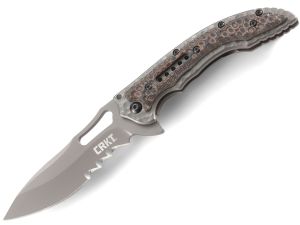 CRKT-5461K Fossil Compact Flipper Pocket Knife By Ikoma, Stainless Steel & G-10 Handles, 3-41'' Grey Blade With Veff Serrations