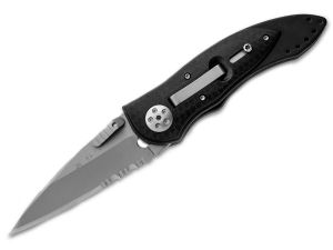 CRKT 7313A Elishewitz Conversion Automatic Black Zytel overlay Handle , 2.75'' Bead Blast Serrated Knife