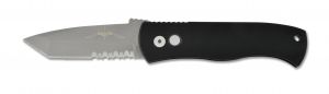 Pro-tech Knives - E7T02 ,  Emerson , CQC7 , Automatic Folding Knife , 3.25'' Part Serrated Blade , Black T6 Aluminum Handles , W / Pocket Clip , Nylon Pouch