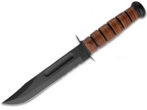 Ka-Bar- 1218 -USMC Fighting Fixed Blade Knife (7" Combo Blade, Leather Handles, Leather Sheath)