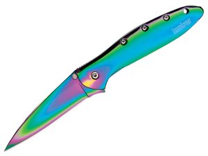 Kershaw-1660VIB Rainbow Leek, Speed  Safe Assisted Pocket Knife, 3'' Plain Blade, Rainbow Stainless Steel Handles