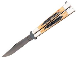 BEAR - 517 - Butterfly Knife - (4 1/8" Black Titanium Finish Stainless Clip Blade) - Indian Stag Bone Handles