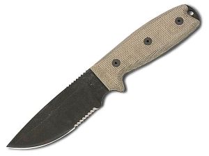 Ontario- 8635 -RAT-3 Fixed Blade Knife ( 3.75" Serrated 1095 Carbon Steel, Tan sheath )