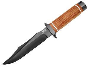 S.O.G  SB-1 Super Bowie Fixed Blade Knife, Leather Handles, 7.5'' Clip Point Black Plain Edge Blade