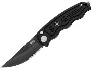 S.O.G Knives-ST-12,Sog Tac Mini Automatic Folding Knife,3'' Black Part Serrated Blade, W/ Pocket Clip,T-6 Aluminum Handles
