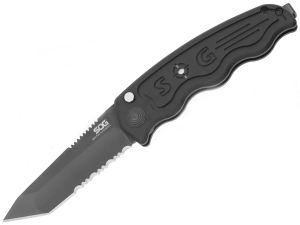 S.O.G ST-13 Sog Tac Mini Automatic Knife, Black TiNi Finish, Aluminum Handles, 3'' Part Serrated Black Blade