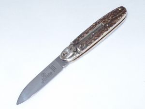 Hubertus Knives-68.115.HH.09  , Oval Barrel Cigar Shape Automatic Folding Pocket Knife, 2-3/4 Spear Point, Stag Handles, Made In Germany