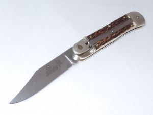 Hubertus Knives-68.110.HH.11 , Large Size, No-11, Clip Point Blade, Stag Handles, Automatic Pocket Folding Knife, Made In Germany