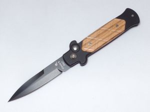 F.LLI Beltrame B-Sheath Wood Black Automatic Folding Pocket Knife ( 3.5" AISI 420 MA5M HRC 56  )