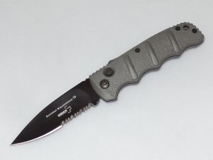 Boker Knives-KALS74B, Kalashnikov auatomatic afaolding akanife, 3.5'  Black Part Serrated Blade, Grey Aluminum Handles With Safety