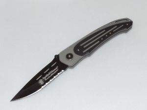 Smith & Wesson-SW480GS Homeland Security Grey Folding Knife, 3.38'' Black Part Serrated Blade, Grey Stainless Steel Handles, With Pocket Clip