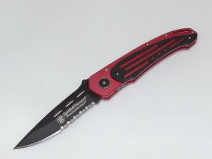 Smith & Wesson -SW480S , Homeland Security Folding Knife, 3.38''  Drop Point Part Serrated  Blade,Red Stainless Steel Handles,W/ Pocket Clip