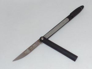 Delta Z Knives- 1401-AN -360 Pivot Black Pen Folding Pocket Knife ( 3" Plain Steel Blade Blue Ionized Aluminum handle )