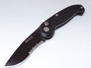 Boker Knives-B0017 Magnum  Automatic Folding Pocket Knife, 3.25'' Black Drop Point Part Serrated Blade, Black Aluminum Handles, With Safety