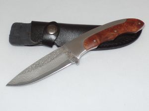 Boker Knives-02MB811DAM , Magnum Slim Hunter Fixed Blade Knife, Burlwood Handle Inlays, Damascus Blade, With Black Leather Sheath
