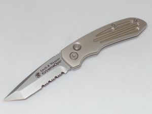 Smith & Wesson-SW50TS Extreme Ops Automatic Folding Knife, 3.25'' Tanto Part Serrated Blade, Champagne Aluminum HandlesWith Pocket Clip