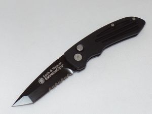 Smith & Wesson -SW50BTS Extreme Ops Automatic  Folding Knife, Black Aluminum Handles, 3.27'' Tanto Part Serrated Blade