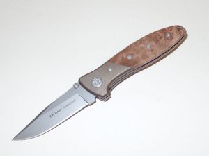 Ka-Bar Knives-KT 2611 ,  Tecnocut Folding Pocket Knife, LinerLock, 3'' Plain Blade, Brown Maple Burl Handles, Made In Italy, Vintage, Discontinued