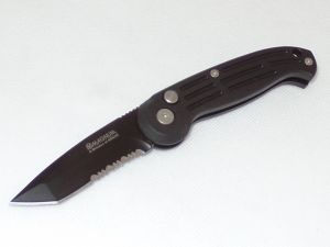 BOKER Knives- BO118 -Magnum  Automatic Folding Knife,  2.625'' Black Tanto Part Serrated Blade, Black Aluminum Handles