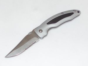 Junglee Knives-K02004 Shenzi Folding Pocket Knife, Rubber Kraton Inserts, Aluminum Handles, 3.5'' Part Serrated Blade , , With Pocket Clip