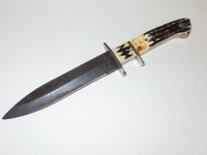 Bear & Son -595DDP , Combat Fighter Fixed Blade Knife, 6-1/4'' Damascus Blade , Genuine Indian Stag Handles, W/ Leather Sheath, Rare, Discontinued