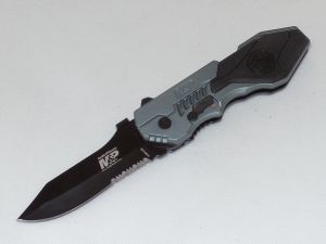 Smith & Wesson- SWMP4LBS  M&P M.A.G.I.C Assisted  Opening Pocket Knife, 3.6'' Part Serrated Blade, Aluminum Blue Handles W/ Rubber Outlays, With Pocket Clip