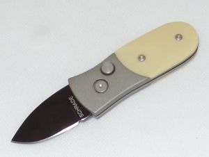 Scharde Knives-SCALY  Automatic Pocket Knife, 1.75'' Plain Blade, Yellow Delrin Handles, California Legal, Aluminum Handles