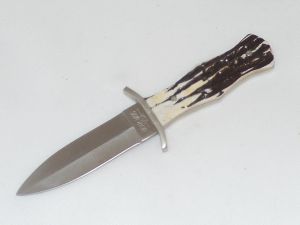 Bear & Son -589 , Ninja II Double Edge Boot Knife, 4'' Dagger Blade, Indian Stag Bone Handles, Nickel Silver Guard, W/ Leather Shaeth, Rare, Discontinued