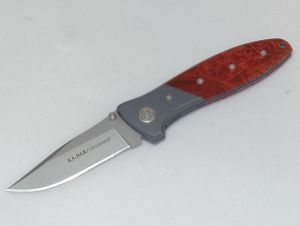 Ka-Bar Knives-KT 2610 , Tecnocut , Folding Pocket Knife, 3'' Plain Blade, Red Maple Burl Scales, W/ Pocket Clip, Rare, Discontinued