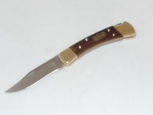Buck Knives-0110BRS-B, 50TH Anniversary Edition Folding Pocket Knife, 3-3/4'' Plain Blade, W/ Leather Sheath, Diamond Wood Handles, Brass Bolsters, Rare
