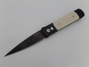 Pro-Tech Knives- 952 , Godafther  Tuxedo Automatic Folding Knife , 4'' Black Plain Blade , Ivory Micarta Scales , W/ Pocket Clip