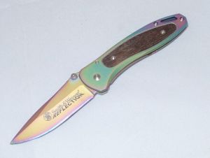 Smith & Wesson -SWRTW ,  Reflection Series Pocket Knife, 3.06'' Plain Rainbow Blade,Titanium Coating Handles, W/ Wood Inserts, Rare, Discontinued