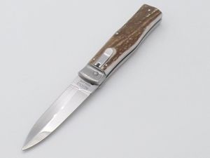 Mikov Knives - 241-NP-1 /KP , Predator Automatic Knife, Leverlock , 3.75'' Dagger Blade , Stag Handles , W/ Leather Sheath (Knives)