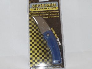 Super Knife- SU-937  Blue Rubberized Handle Utility Folding Knife. Stainless Pocket Clip, Razor Cutting Tool
