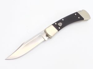 Buck Knives - 0110BKSA , Buck 110 Automatic Lockback Folding Knife , Nickel Silver Bolsters , Black G-10 Handles , W/  Leather Sheath