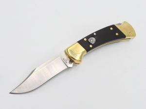 Buck Knives - 0112BRSA-B ,  Ranger Automatic Knife , Ebony Wood Handles , Brass Bolsters , W/ Leather Sheath