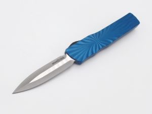 Brain Tighe And Friends - 001300-1 , Twist Tighe Small OTF , 2.75' S35VN Double Edge Blade , Ceramic Blue Aluminum Handles , W/ Pocket Clip