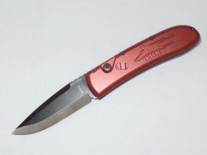 Roton Knives-Airwolf Red Handle Automatic  Folding Knife, 3.25'' Grey Beadblast Plain Blade, T6 Aluminum Red Handles