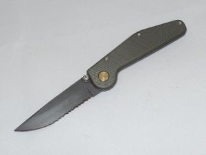 G.T Knives-GN S  Manuel Folding Knife, 3.5'' Black Part Serrated Blade, Green T6 Aluminum Handles