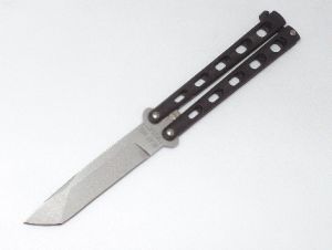 Bear & Son-114AB  , 5'' Armor Piercing Black Butterfly Knife, 440 Stainless Steel Blade, Zinc Coated Black Handles