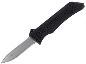Schrade -SCHOTF6 , Speat Point OTF, Assisted Opening Knife, 3.6'' Plain Blade, Black Aluminum Handles, W/ Pocket Clip, Glass Breaker