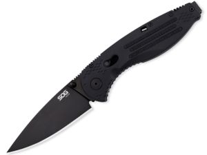 S.O.G  , AE-02 , Aegis Assisted Opening Pocket Knife , 3.5''  Black Plain Blade ,  Black Zytel Handles , W/ Pocket Clip