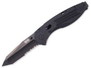 S.O.G Knives-AE-04 Aegis Assisted Opening Pocket Knife,3.5'' Tanto Part Serrated Blade, Black GRN Handles,W/Arclock (Knives)