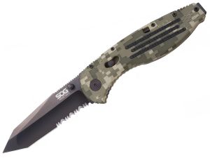 S.O.G Knives-AE07, Aegis Assisted Opening Folding Knife, 3.5'' Part Serrated Blade,Digi Camo GRN Handles,W/ Pocket Clip