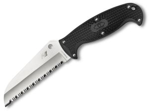 Spyderco Knives-FB24SBK Jumpmaster Fixed Blade Knife, 4.5'' Satin  Serrated  Blade, H-1 Steel , Black FRN Handles , Rare, Made In Japan